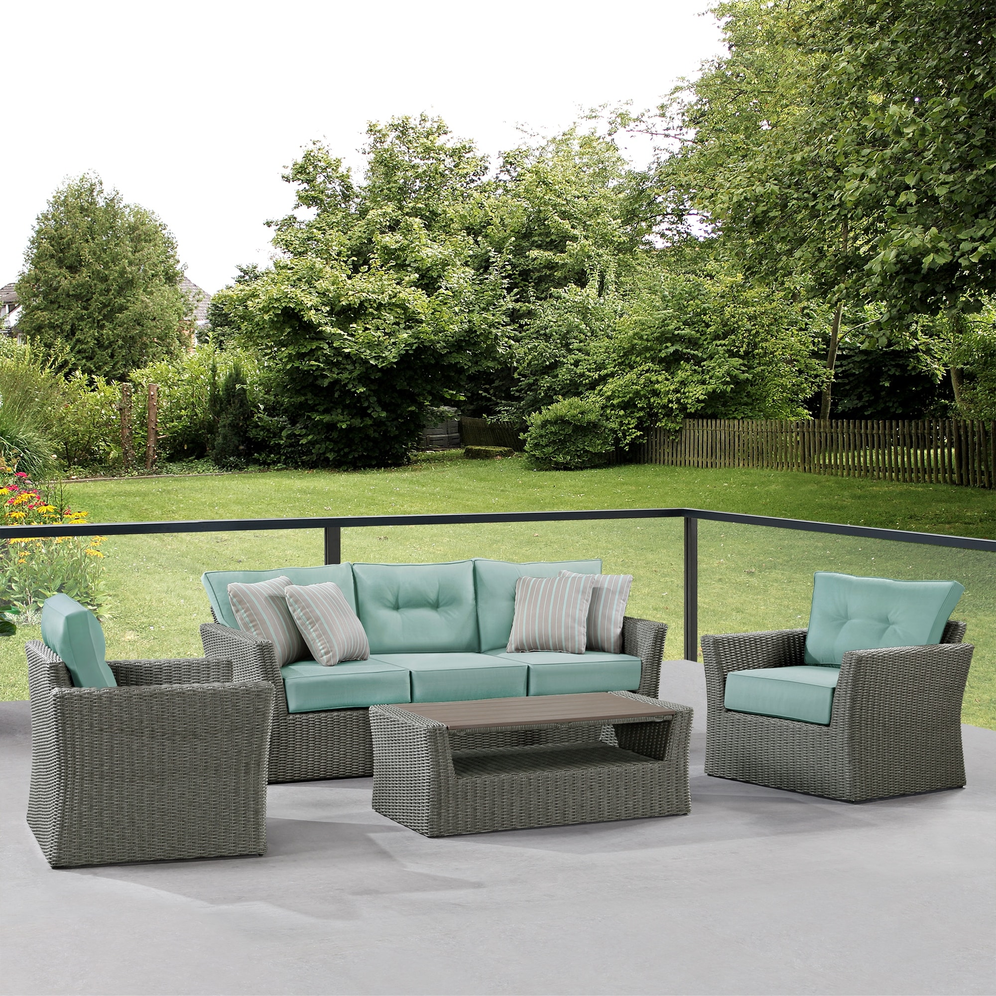 Martha Stewart Isley 4 Piece Conversation Set in Dark Wicker and Green