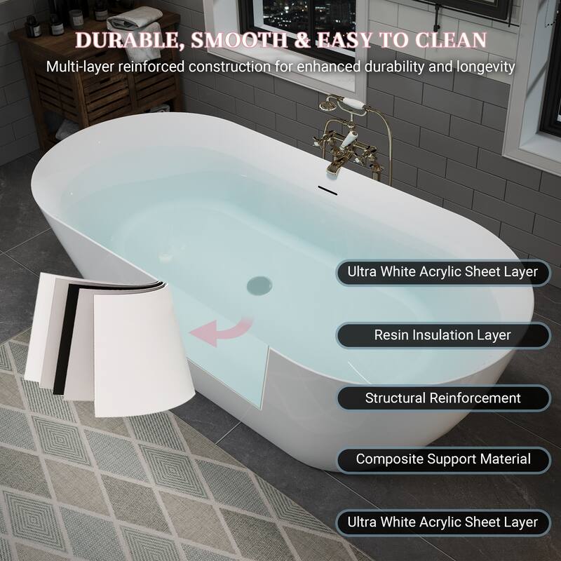 60" Glossy White Oval Acrylic Freestanding Bathtub