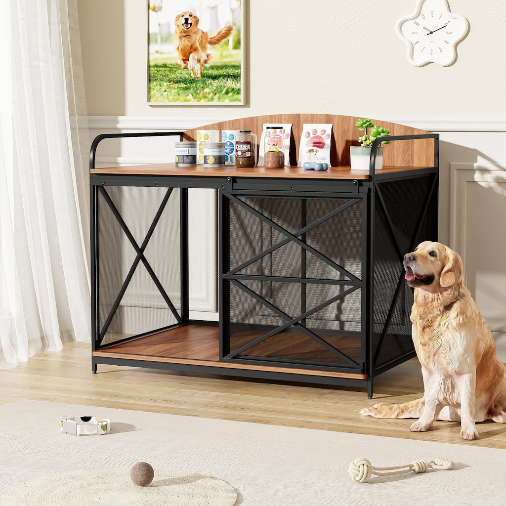 Wood Large Dog Crate Furniture with Curved Back Panel and Sliding Door, Dog Kennel Indoor End Table, Decorative Pet House