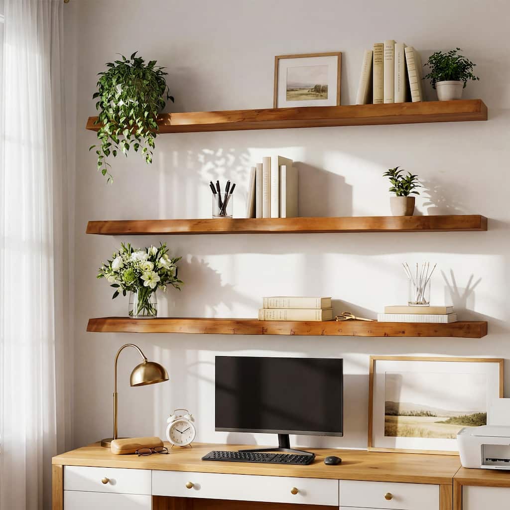 Live Edge Solid Wood Floating Shelves, 47.24 Inch Wall Shelves, Set of 3