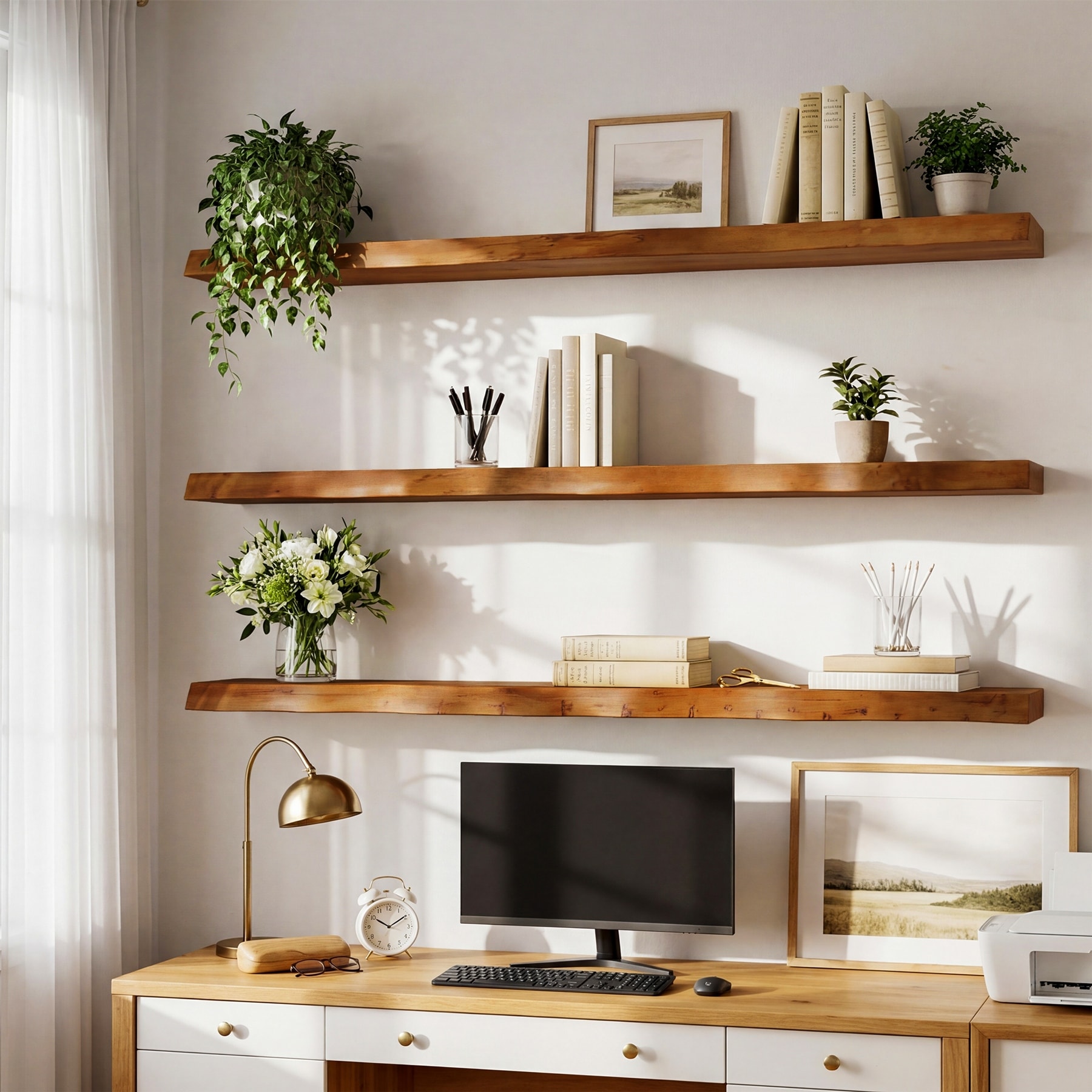 Live Edge Solid Wood Floating Shelves, 47.24 Inch Wall Shelves, Set of 3
