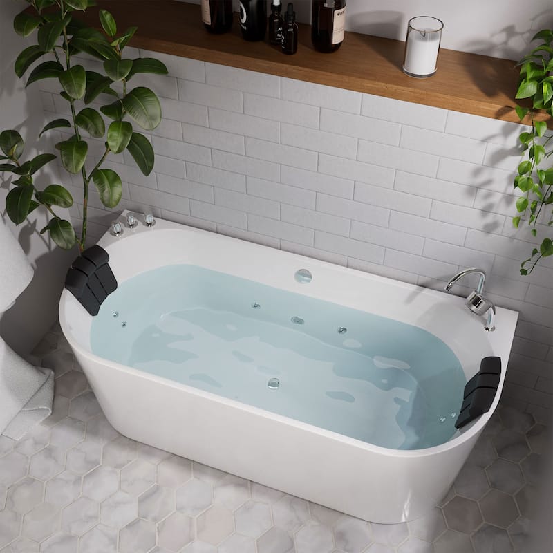 67 in. x 31.5 in. Center Drain Freestanding Whirlpool Bathtub Hydrotherapy Jetted Soaking Bath Tub - Tub filler in White