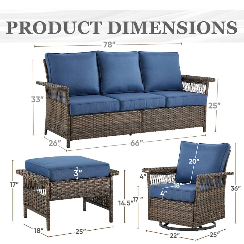 Rattan Sofa with Rocking Chair Ottoman Tea Table - Brown