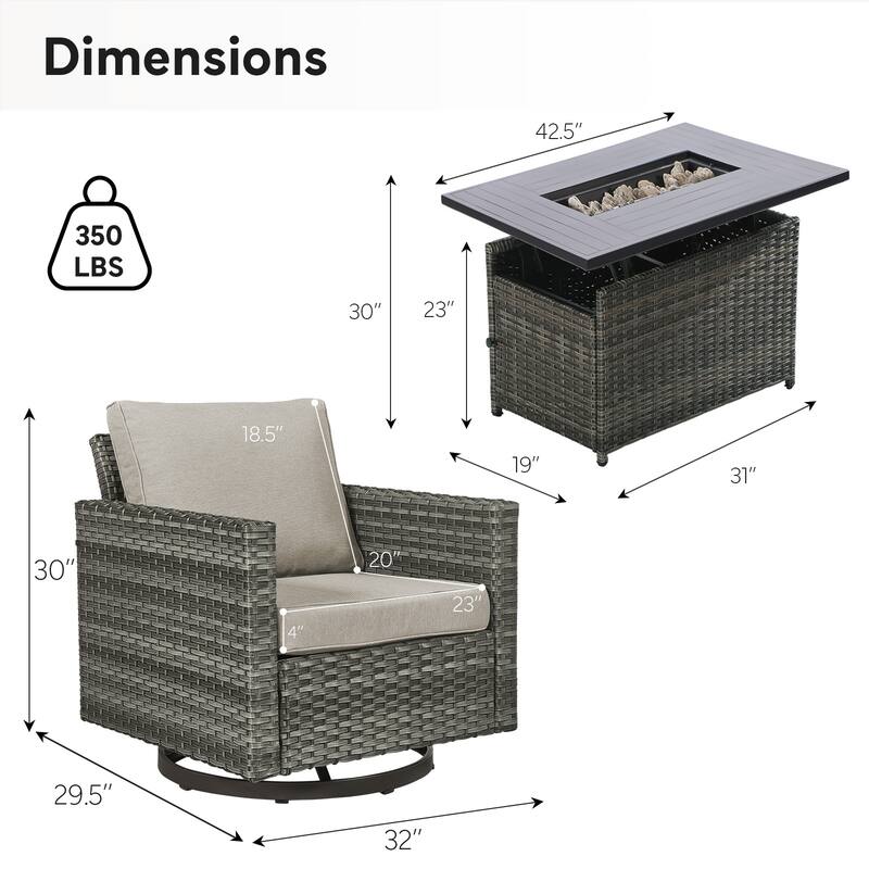 Outdoor Grey Wicker Fire Pit Table with 4 Swivel Chairs