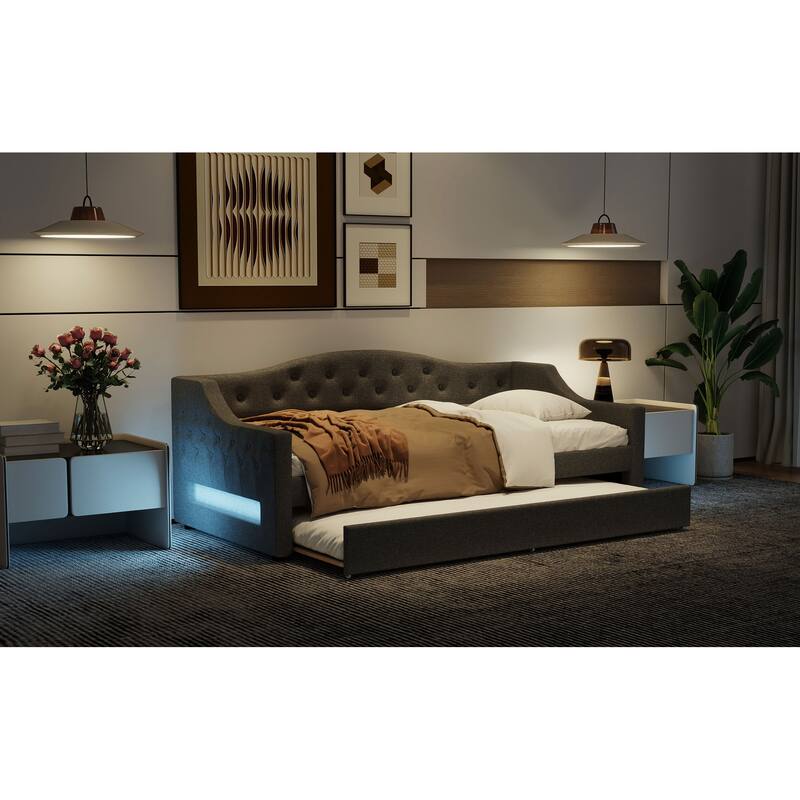 Twin XL Linen Upholstered Daybed with Color-Changing LED Lights and Space-Saving Trundle, Sturdy Frame