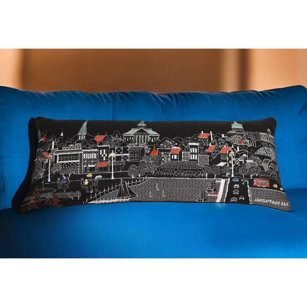 HomeRoots 35" Black Annapolis Nighttime Skyline Lumbar Decorative Pillow