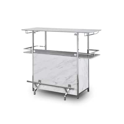 Faux Marble Bar Table With Glass Holder, White and Chrome