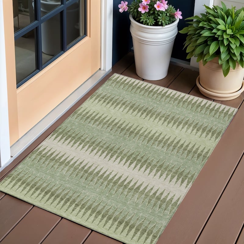 Artichoke Green And Light Green Striped Washable Indoor Outdoor Area Rug - 3' x 5' - 3' x 5' - Green