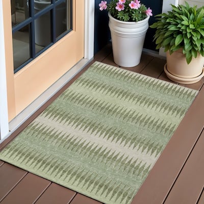 Artichoke Green And Light Green Striped Washable Indoor Outdoor Area Rug - 3' x 5'