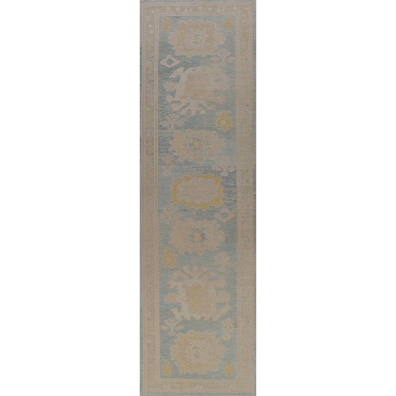 Hand Knotted Oriental 100% Wool Carpet Transitional Floral Navy Blue & Blues Oushak Runner Rug - 13' 6'' X 3' 4''