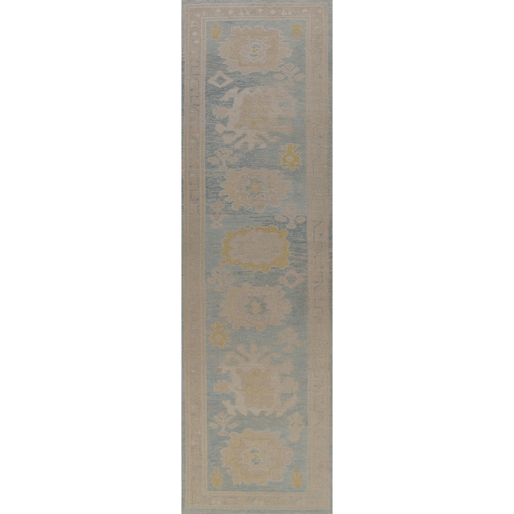 Hand Knotted Oriental 100% Wool Carpet Transitional Floral Navy Blue & Blues Oushak Runner Rug - 13' 6'' X 3' 4''
