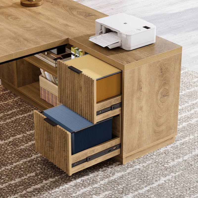 78" L-Shaped Executive Desk with File Cabinet & Shelves, Home Office