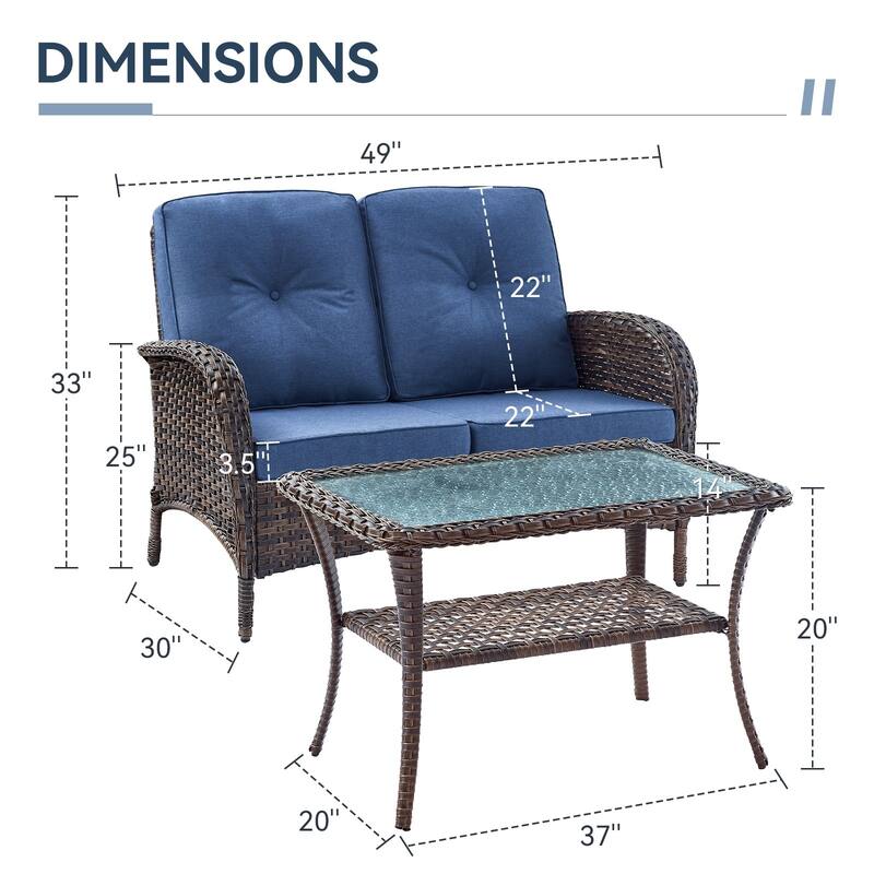 Gymojoy Outdoor Wicker Loveseat with Coffee Table and Outdoor Cushions