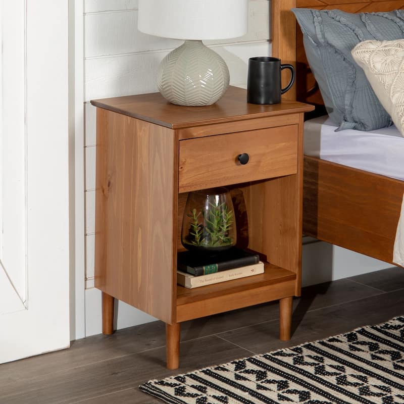 Classic 1-Drawer Solid Wood Nightstand with Cubby for Living Room, Bedroom and Office - Caramel