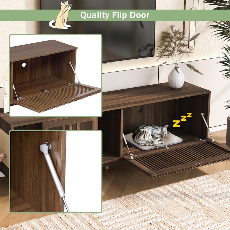 Modern 2 in 1 TV Stand with Cat Scratcher, Cat House Media Console Table with Sliding Flip-down Glass Doors
