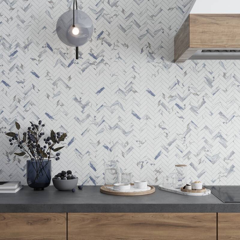 Veneto 11.1 in. x 12.36 in. Polished White with Blue-Gray Porcelain Herringbone Wall and Floor Tile (4.76 sq ft/case) - 5 Sheets