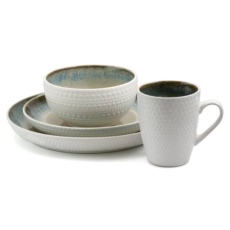 16 Piece Spot Textured Stoneware Dinnerware Set in White with Beige and Blue Interior