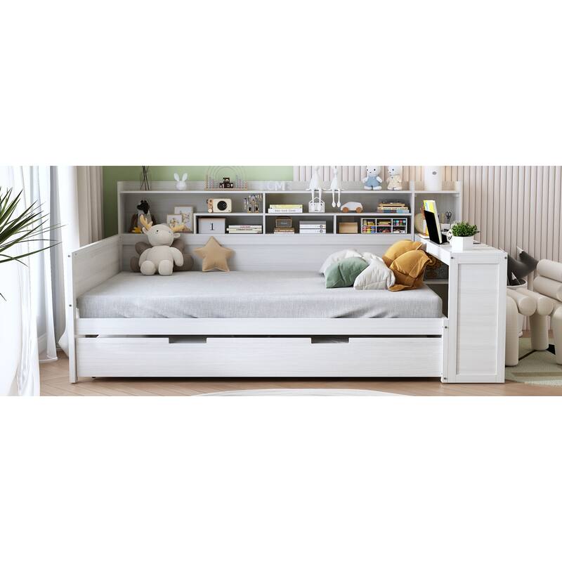 Full Size Daybed with Storage Shelves, Multi-Functional Bed with Twin Trundle and Built-In Study Desk, Space-Saving Design