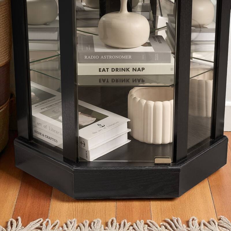 Lighted Corner Curio Cabinet with Glass Doors, Adjustable Shelves & Carved Cherry Decor, Elegant Display Cabinet for Home