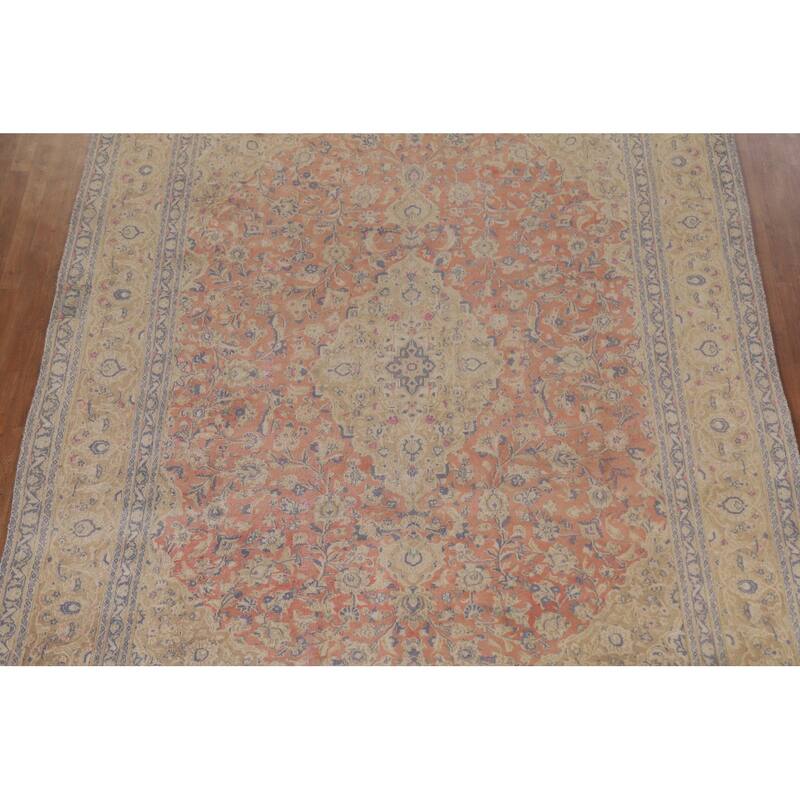 Hand Knotted Oriental 100% Wool Carpet Traditional Floral Coral Mashad Area Rug - 12' 7'' X 9' 3''