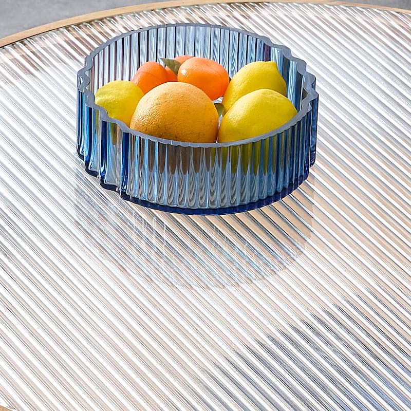 GDFStudio Alveron Solid Wood Double-Layer Coffee Table with Striped Glass Top