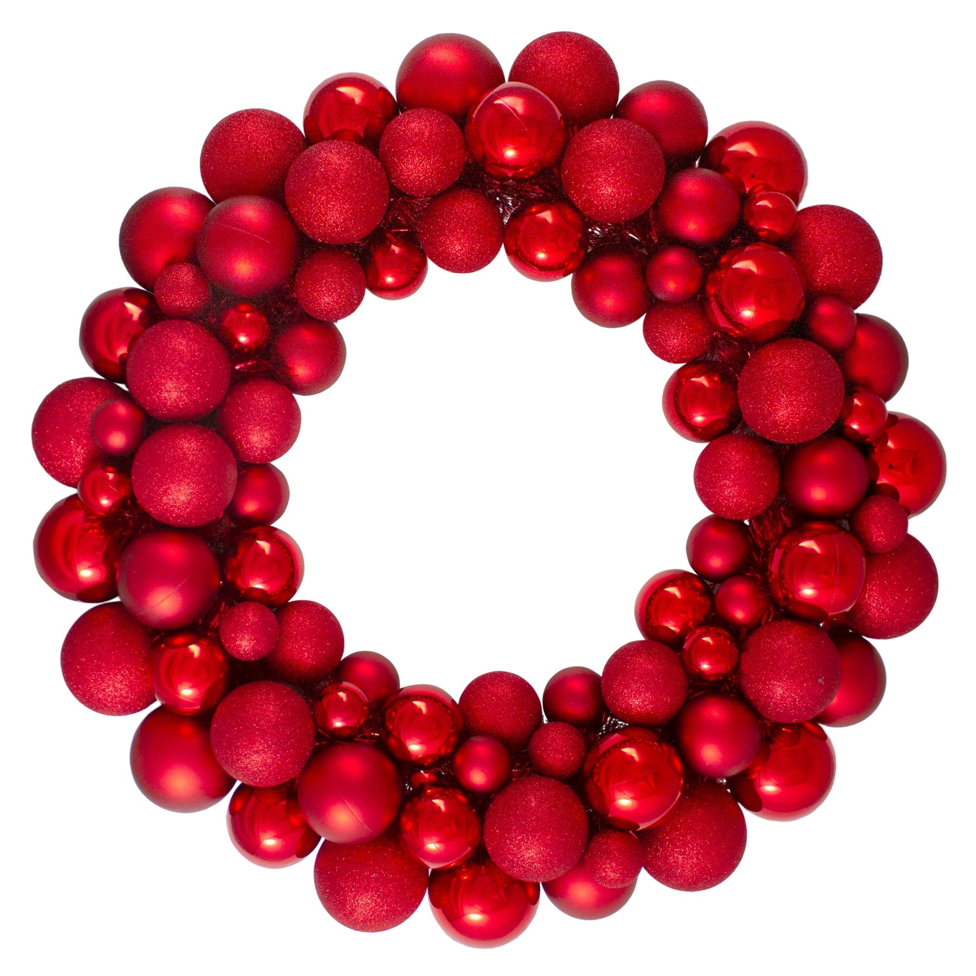 3-Finish Shatterproof Ball and Tinsel Christmas Wreath - 24" - Red - Unlit