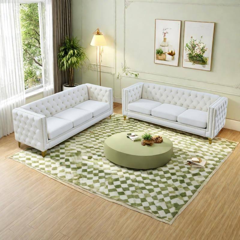 2-Piece 67" Velvet Chesterfield Sofa Set with Tufted Back & Nailhead Trim - Beige