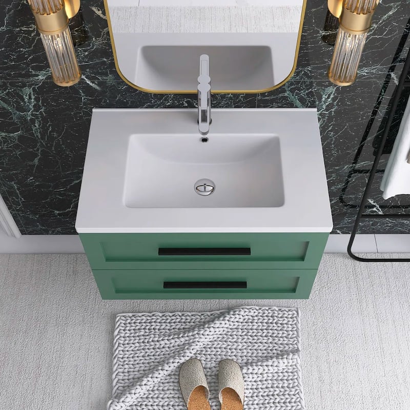 Wall-Mounted Bathroom Vanity in Green with White Ceramic Sink