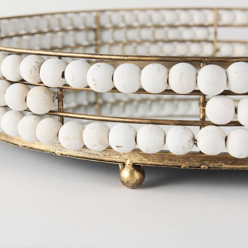 Decatur I White Wooden Beads w/ Mirrored Base Round Tray