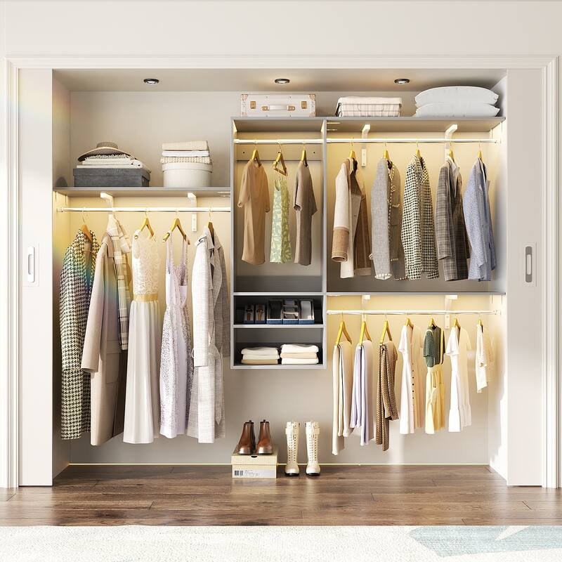 96'' W Wall-mounted Closet System with Storage Shelves and Hanging Rods,Adjustable Walk-in Closet Organizer System - No Drawer - Grey