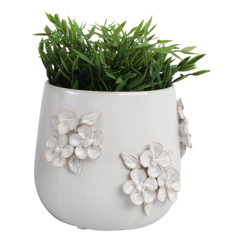 Ceramic Planter with Raised Floral Detailing and Glossy Texture