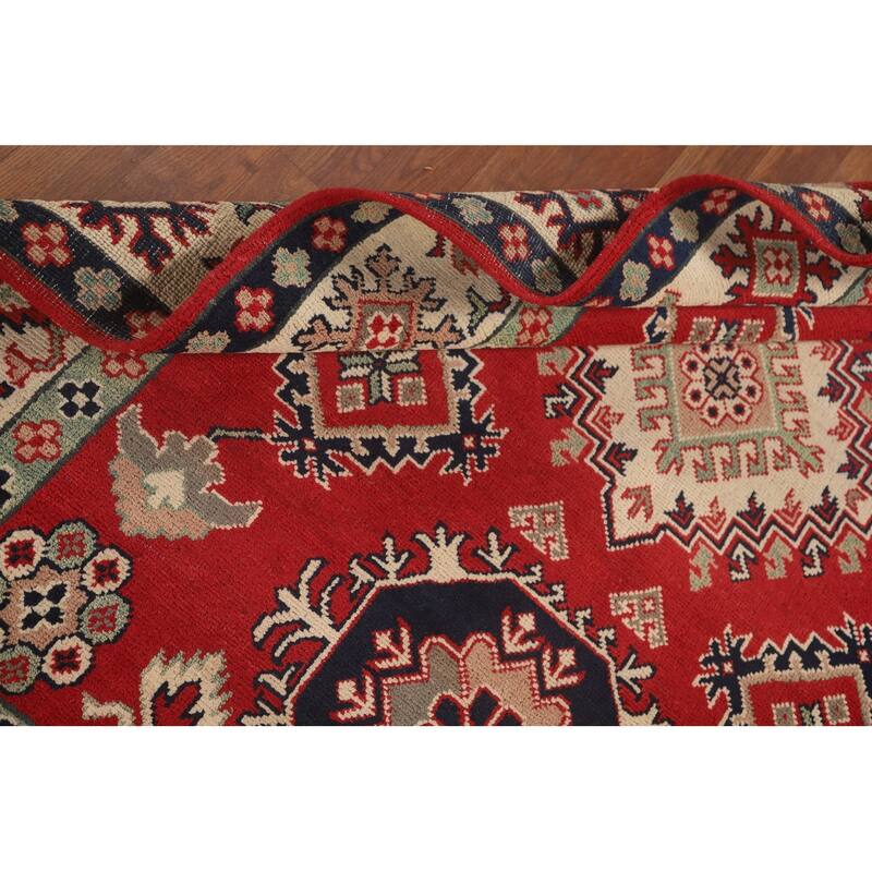 Geometric Kazak Area Rug Handmade Red Wool Carpet - 5'1" x 6'8"