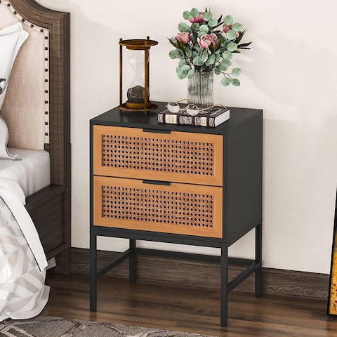Rattan Nightstand 2-Drawer Mid-Century Modern End Table
