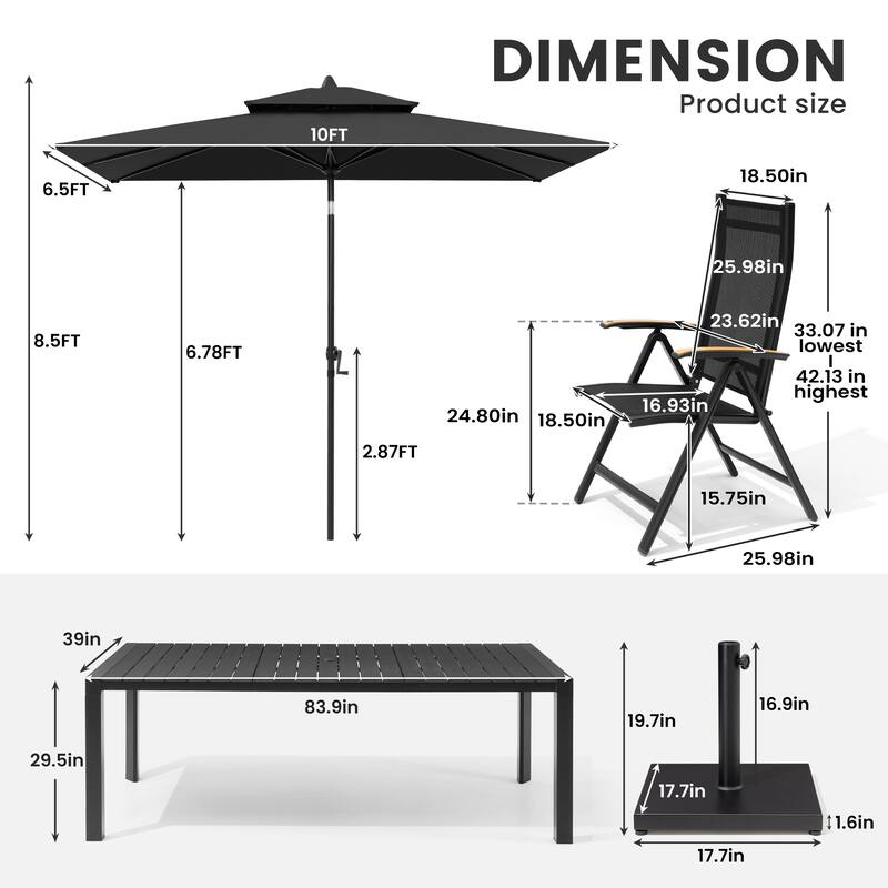 9/11-Piece Outdoor Patio Dining Set Aluminum Dining Table and Chairs w/10 ft Market Umbrella and Base