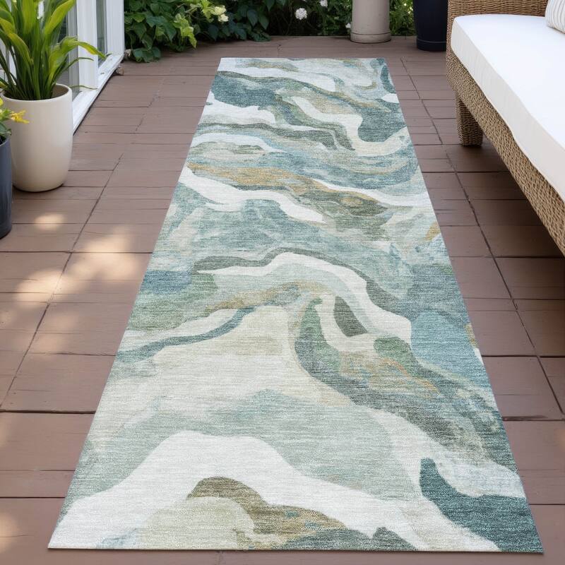 Machine Washable Indoor/Outdoor Modern Brushstrokes Chantille Rug - Teal - 2'3" x 7'6"