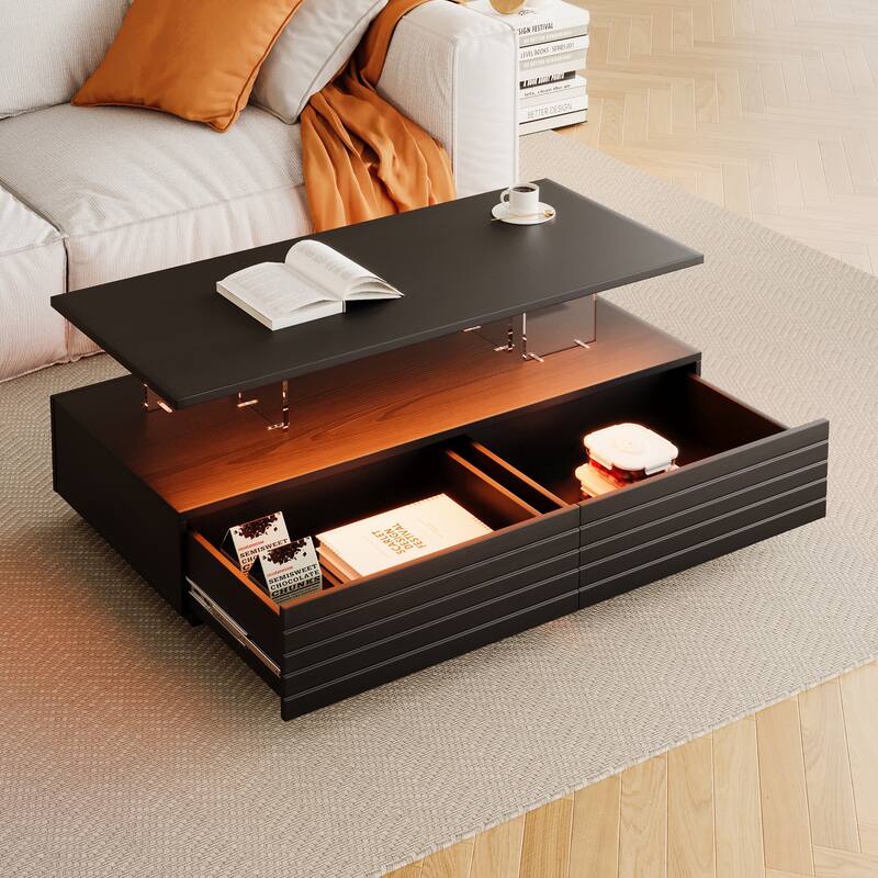 47.2" High Gloss LED Coffee Table for Living Room, Modern Rectangular 2-Tier Center Table with 2 Drawers & Open Storage - Black