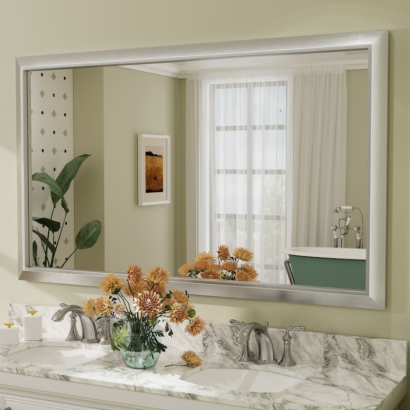 Beveled Metal Rectangle Framed Bathroom Vanity Tempered Glass Mirrors - 60" x 36" - Silver