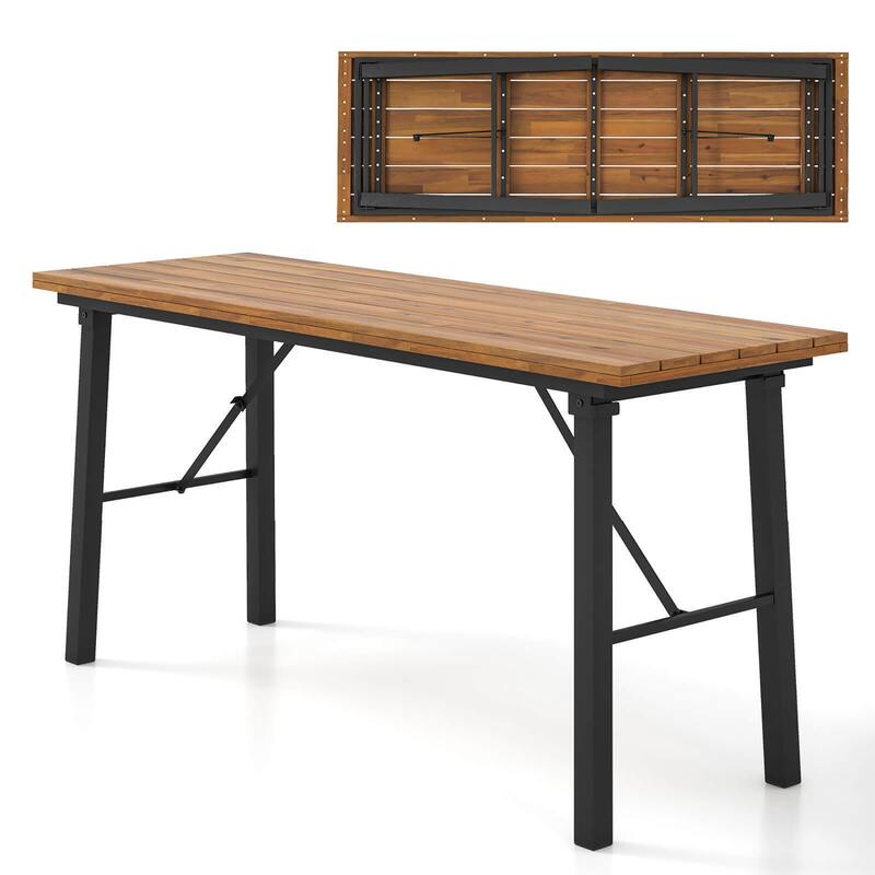 Gymax Patio Folding Picnic Table Acacia Wood Dining Table w/ Metal