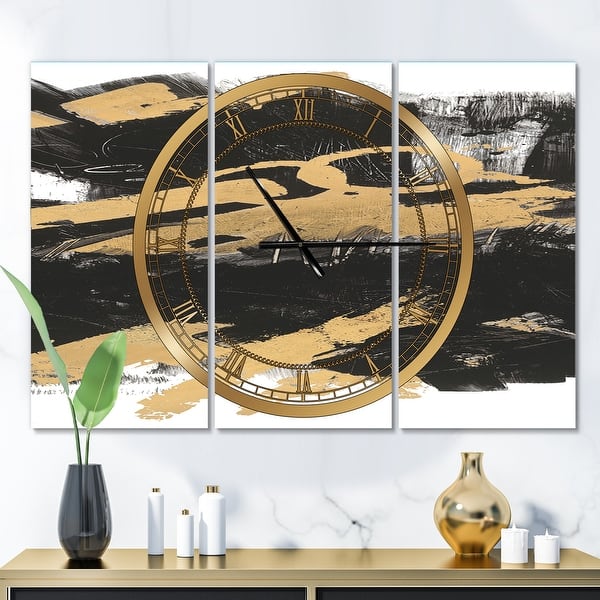 slide 2 of 6, Designart 'Gold and Black drift IV' Glam 3 Panels Oversized Wall CLock - 36 in. wide x 28 in. high - 3 panels