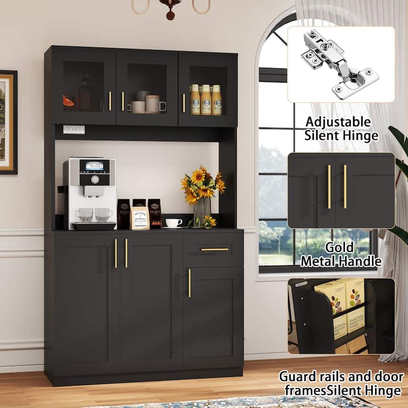 71'' Kitchen Pantry Cabinet with Hutch, Drawer & LED Light, Microwave Stand with Power Outlet for Dining Room or Kitchen