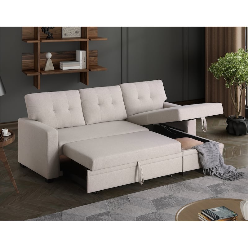 Pull-out Upholstered Sectional Sofa with Storage Chaise & Removable Cushions