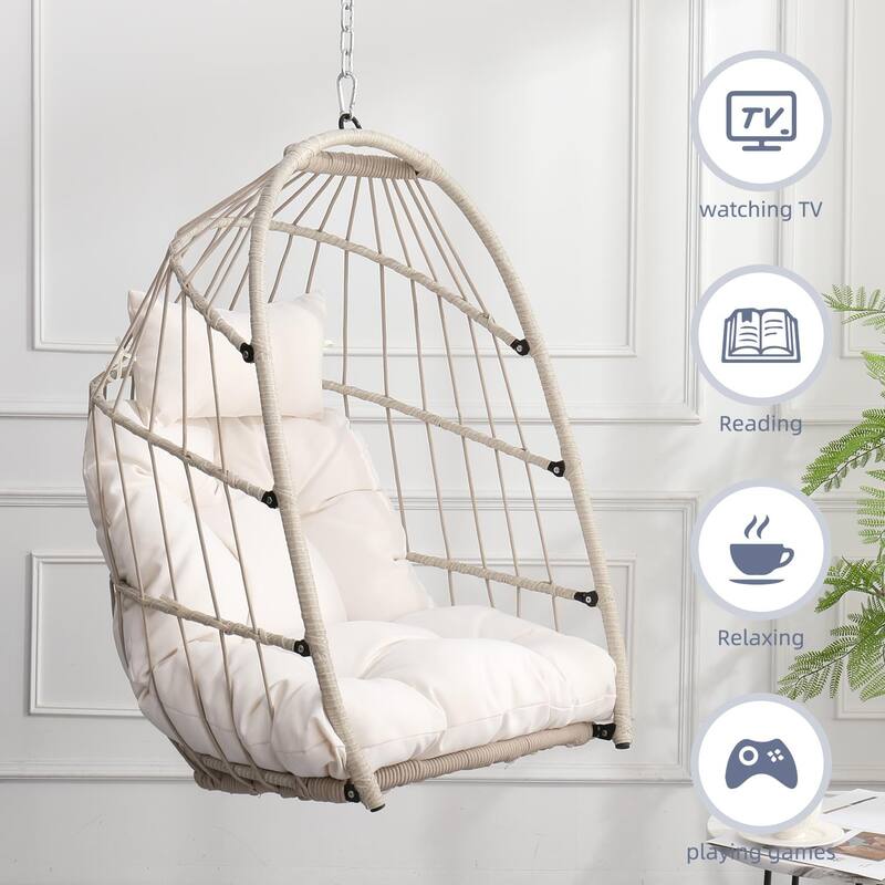 Foldable PE Wicker Hanging Chair with Removable Cushion and Weather-Resistant Design (Outdoor/Indoor Use)