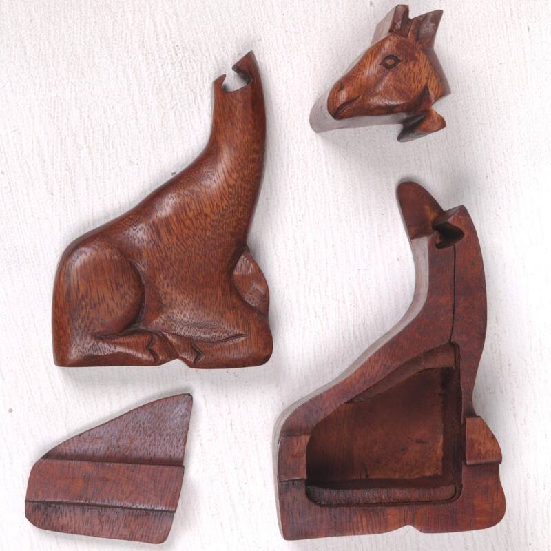 Handmade Resting Giraffe Wood Puzzle Box (Indonesia) - 2.2" H x 3" W x 5.5" D