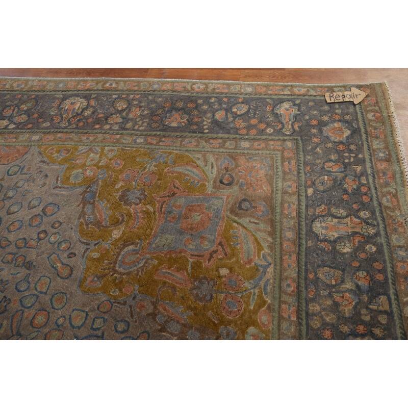 Distressed Tabriz Vintage Persian Area Rug Handmade Grey Wool Carpet - 9'10" x 12'10"