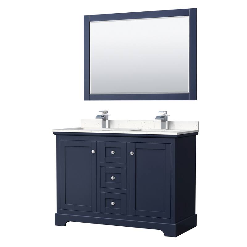 Wyndham Collection Avery 48" Free Standing Double Basin Vanity Set - Dark Blue / Carrara Cultured Marble Top / Polished