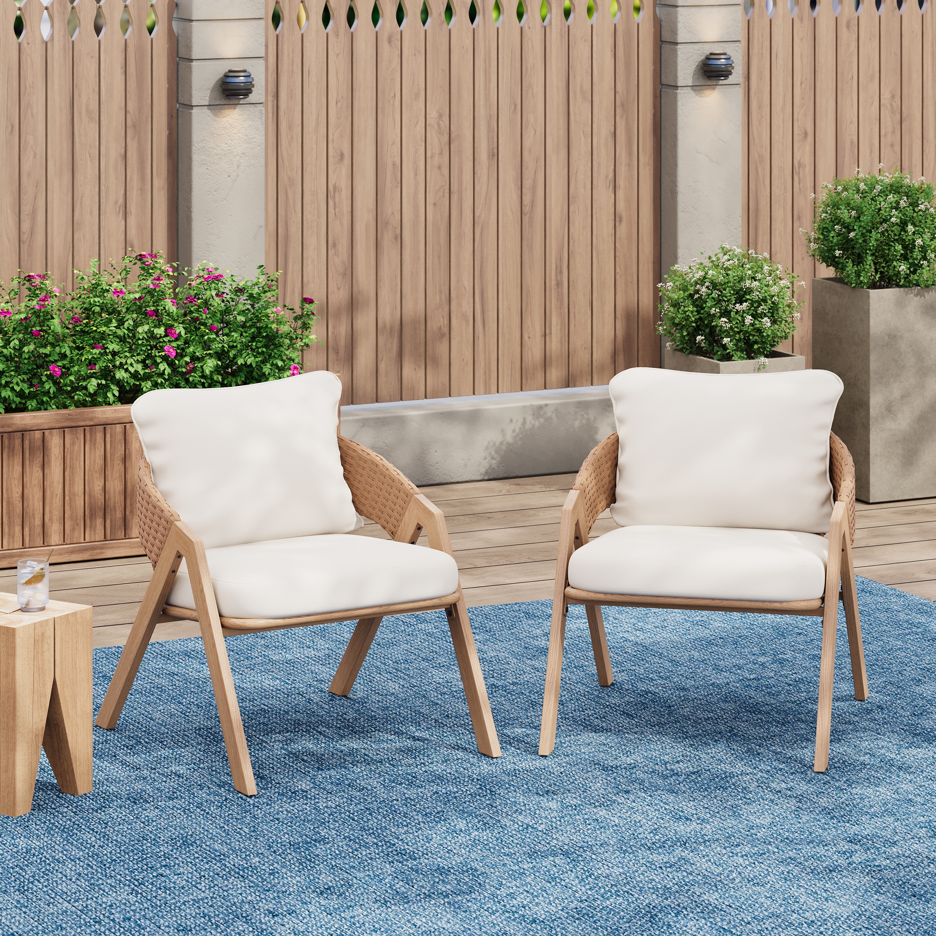 Roomfitters Outdoor Patio Chairs with Cushions, Acacia Frame Woven Rope Design, Set of 2