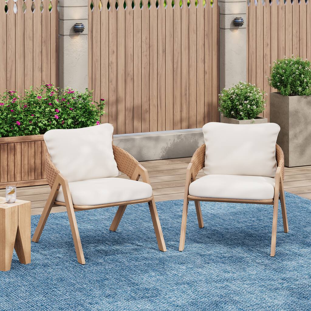 Roomfitters Outdoor Patio Chairs with Cushions, Acacia Frame Woven Rope Design, Set of 2