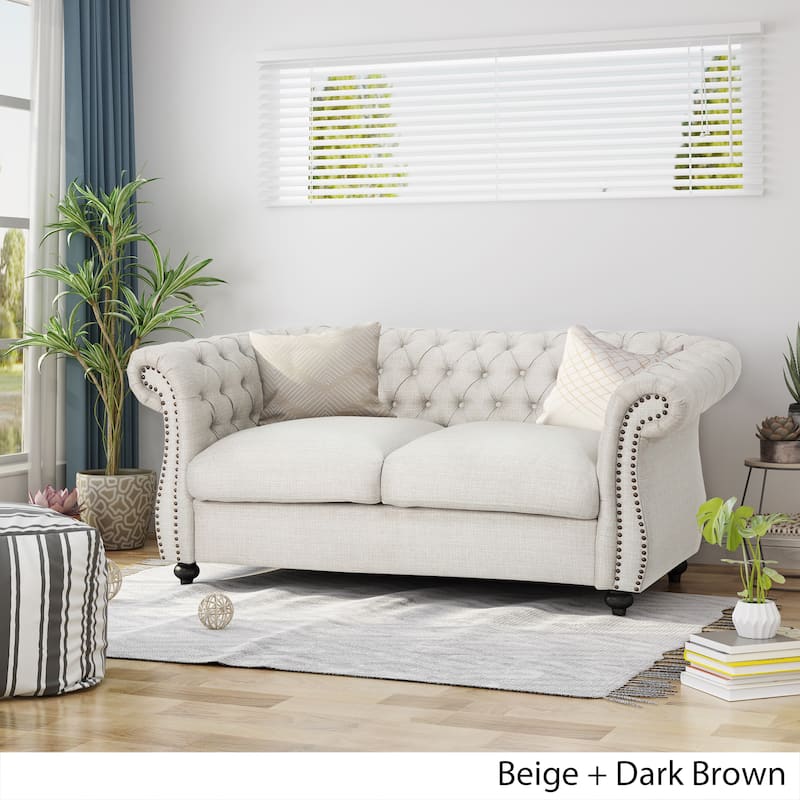 Beige Chesterfield Loveseat Button Tufted Sofa with Nailheads