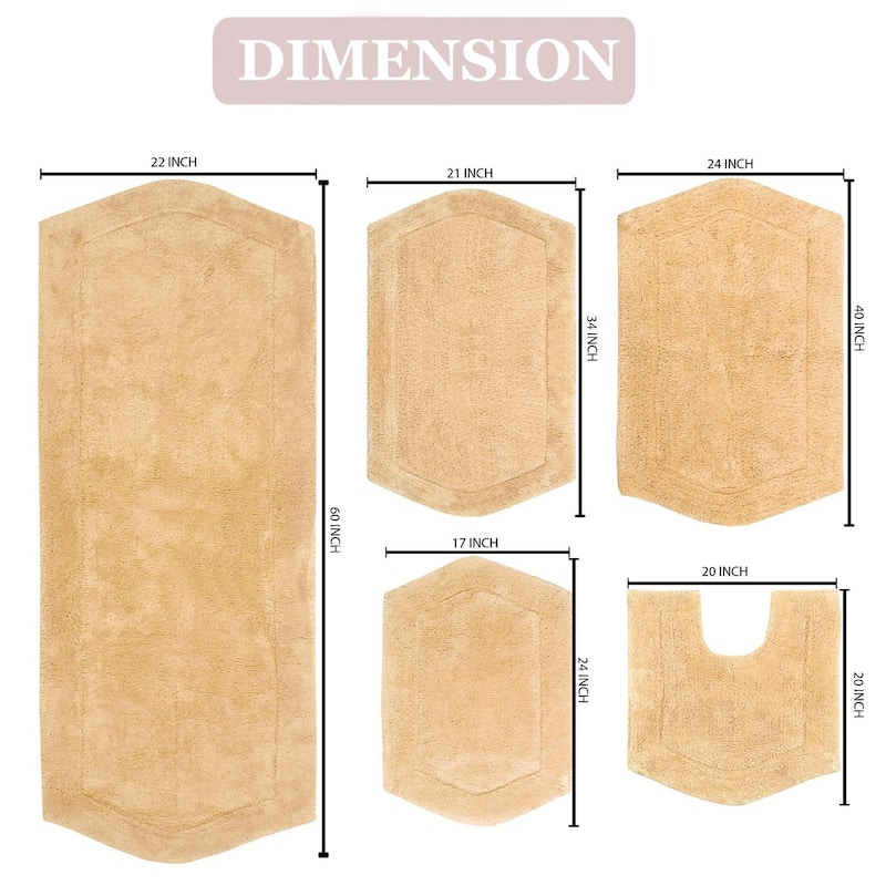 Waterford Collection 100% Cotton Non-Slip Bathroom Rug Set, Machine Washable Bath Rug, 5 Piece Bath Mat Set with Contour