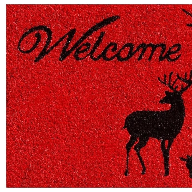 HomeRoots 17" X 29" Red And Black Christmas Deer Welcome Outdoor Coir Door Mat - 17.00' X '29.00
